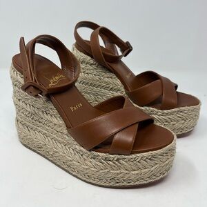 Christian Louboutin Mariza Zeppa 130 Brown Leather Wedge Espadrille Sandal 37 EU